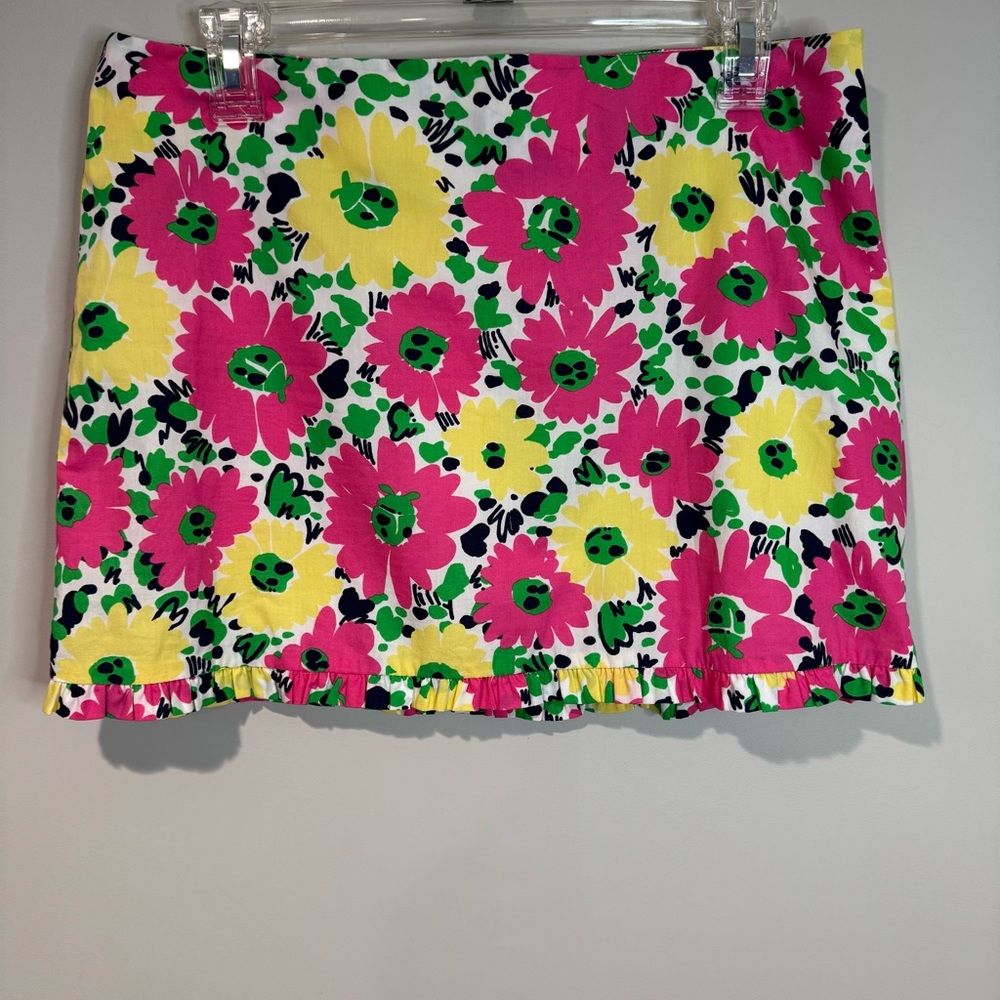 Lilly Pulitzer Pink Yellow Mini Skirt Doodle Bug Daisy Ruffle Hem Cotton Size 4